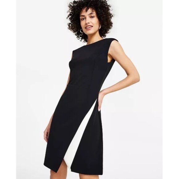 DKNY Womens Size 2 Petite Black Scuba Crepe Contrast Round Neck Sleeveless Dress - Picture 4 of 10